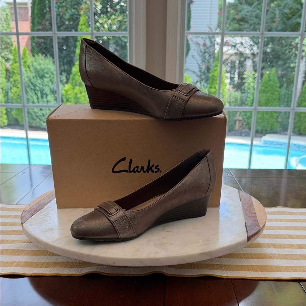 Clarks Bronze Metallic Wedge Pumps - Women's